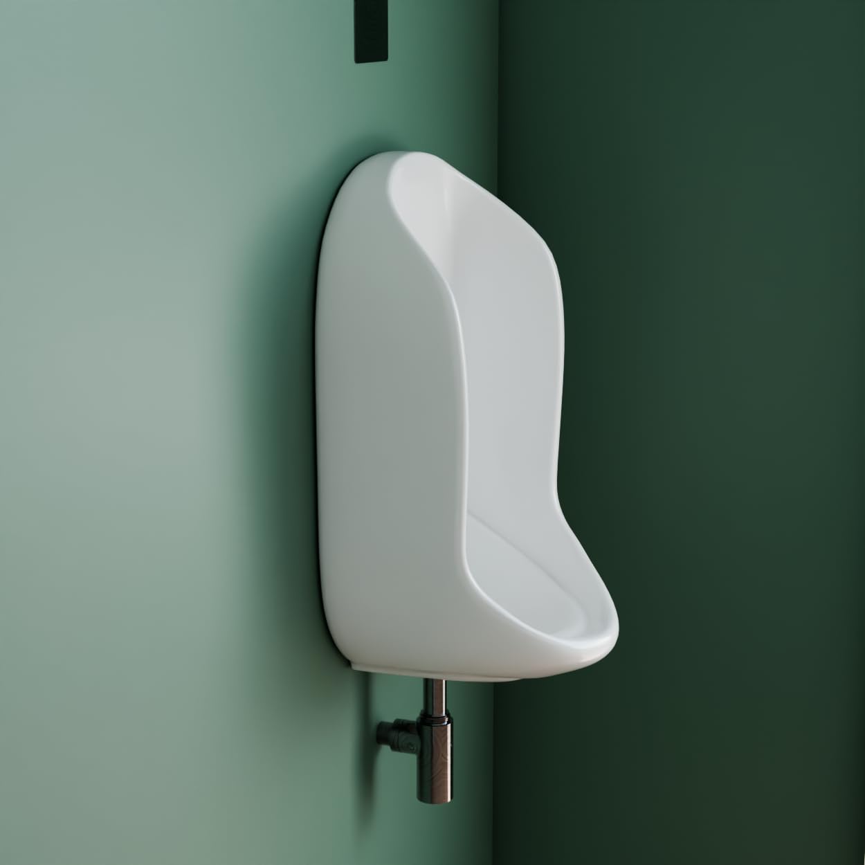 White ceramic urinal wall mount for bathroom, rectangular shape, angled view with smooth finish