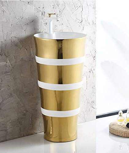 InArt pedestal wash basin designs in ceramic, round one piece free standing basin in glossy white with gold