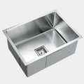 InArt single bowl kitchen sink with drain coupling, underside view showing handmade 2mm thickness build