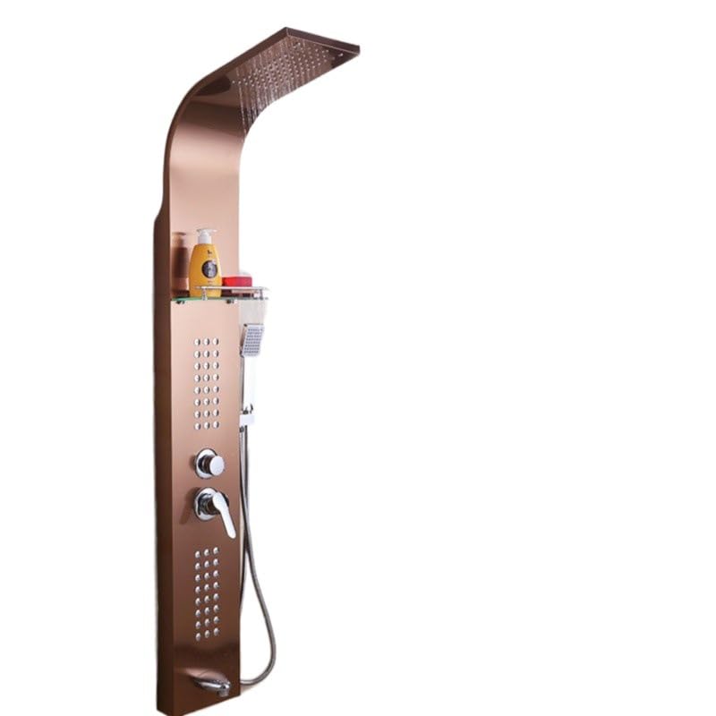 InArt wall mounted shower panel with shelf in rose gold, installed in modern bathroom interior, lifestyle view