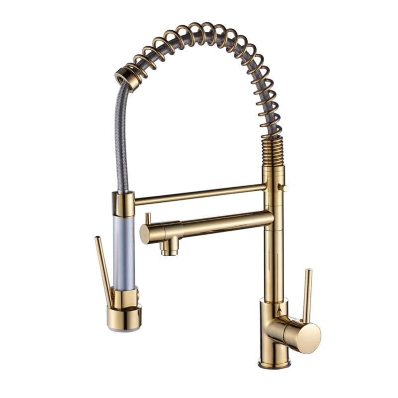 Kitchen sink faucet with pull down sprayer, brass single lever sink mixer tap in premium golden finish