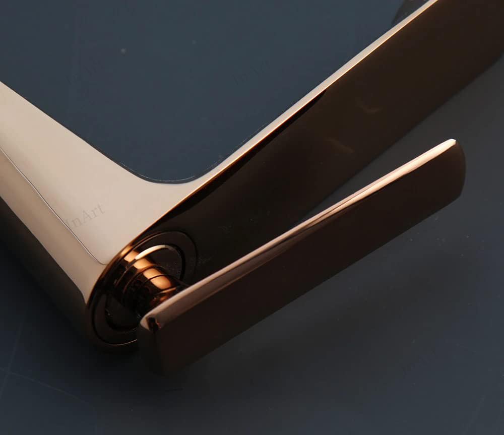 InArt single lever wash basin mixer with hot and cold control, square spout rose gold brass, 3/4 angle view