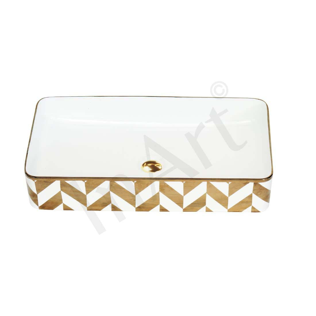INART Wash Basin Countertop | Tabletop Ceramic Bathroom Sink | Wash Basin Over Counter | Wash Basin For Bathroom 24 x 14 x 4 Inch Gold White - InArt-Studio