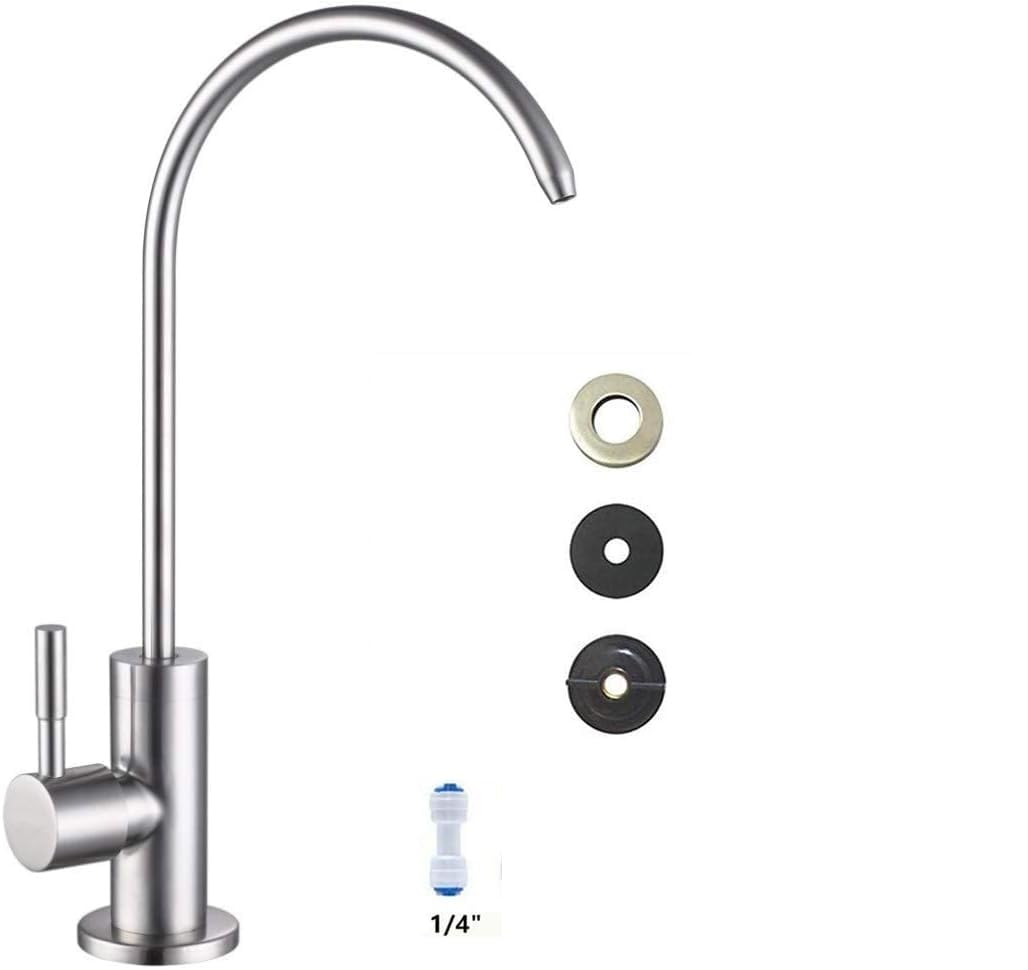 Undersink RO tap for sink in chrome stainless steel, angled view for drinking water filter outlet