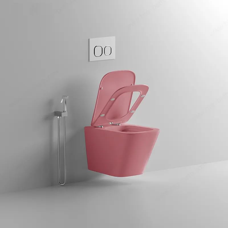 InArt Ceramic Wall Hung or Wall Mounted Designer (Clean Rim) Rimless Water Closet Toilet with Soft Close Seat Cover Pink Matt Finish - InArt-Studio