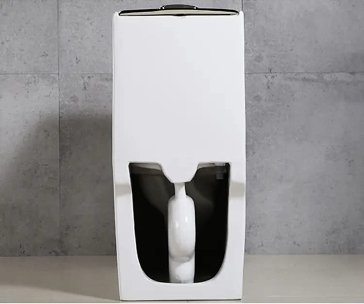 Back and base view of ceramic one piece closet commode showing concealed trapway, glossy black and white