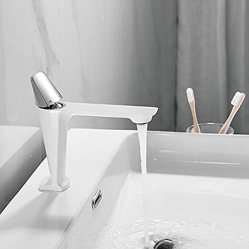 InArt washing basin tap in brass, single lever basin mixer tap with white silver finish, front view