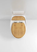 Close-up of InArt slow motion soft close wooden finish toilet seat cover on glossy white ceramic wall hung commode