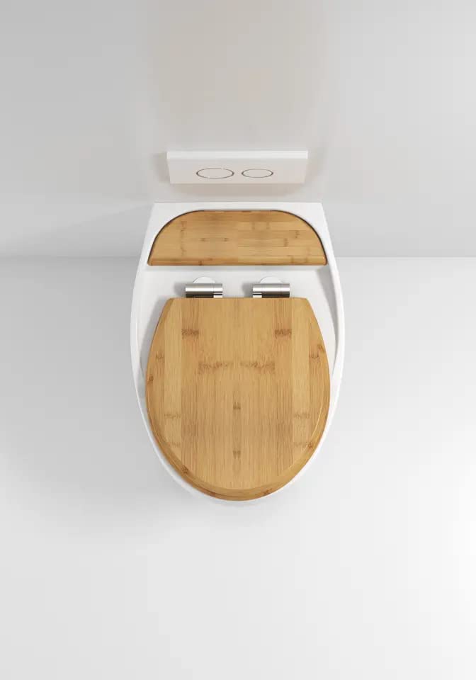 Close-up of InArt slow motion soft close wooden finish toilet seat cover on glossy white ceramic wall hung commode