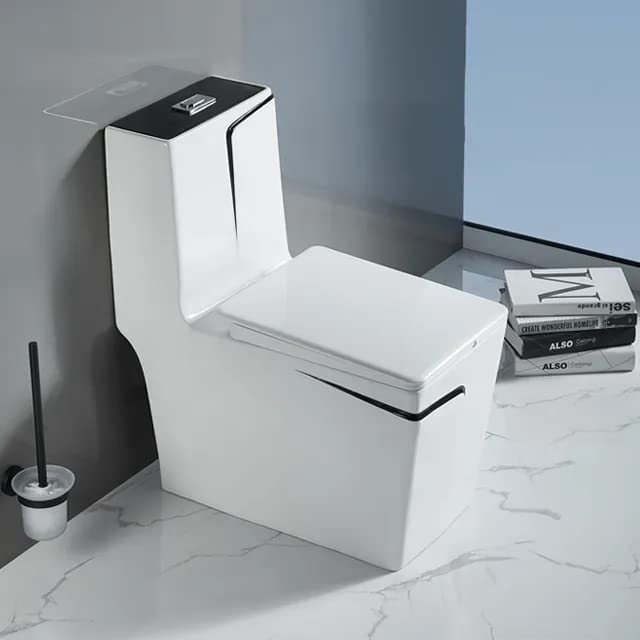 Close-up of syphonic washdown flush outlet on glossy black and white ceramic one piece western toilet