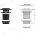 InArt designer wash basin waste coupling black finish, angled view of round pop-up brass drainer 32mm