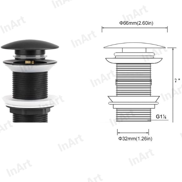 InArt designer wash basin waste coupling black finish, angled view of round pop-up brass drainer 32mm