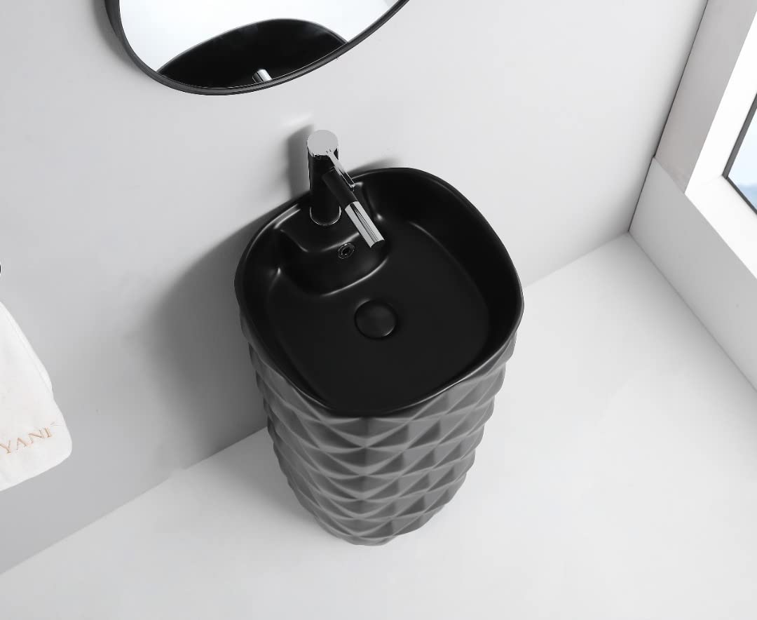 Close-up of matte black ceramic square wash basin rim and pedestal, premium sanitaryware finish detail