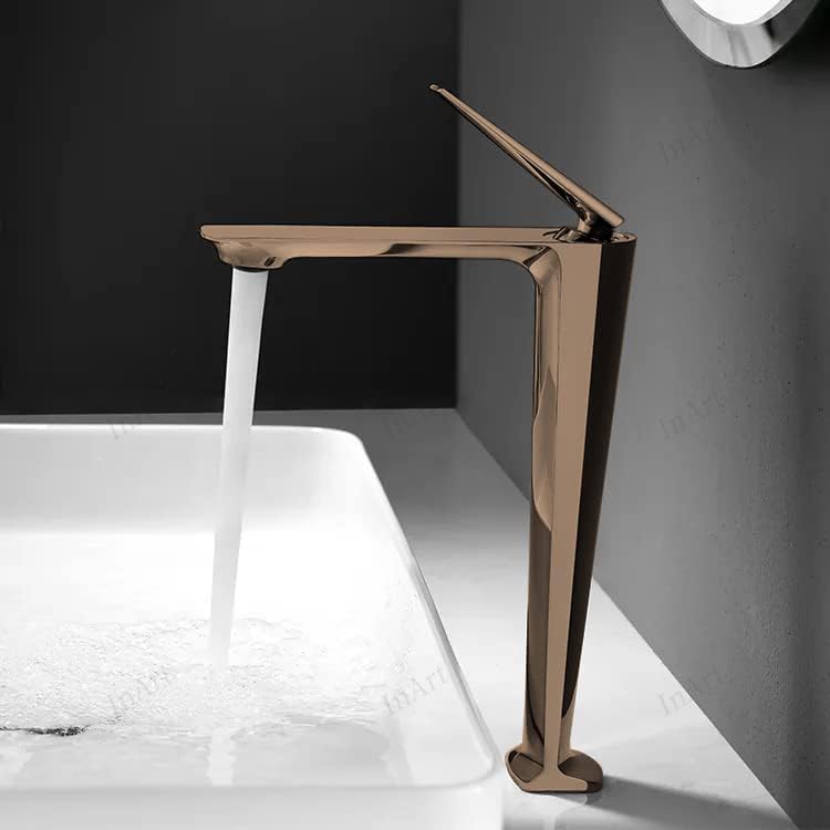 Close-up of InArt single lever basin mixer handle, rose gold brass square body with smooth hot and cold operation