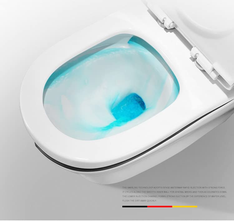 Commode single piece ceramic one piece WC in blue white glossy finish, side angle showing syphonic trap