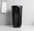 Modern wash basin for living room, matte black square ceramic pedestal basin, side angle for hall area