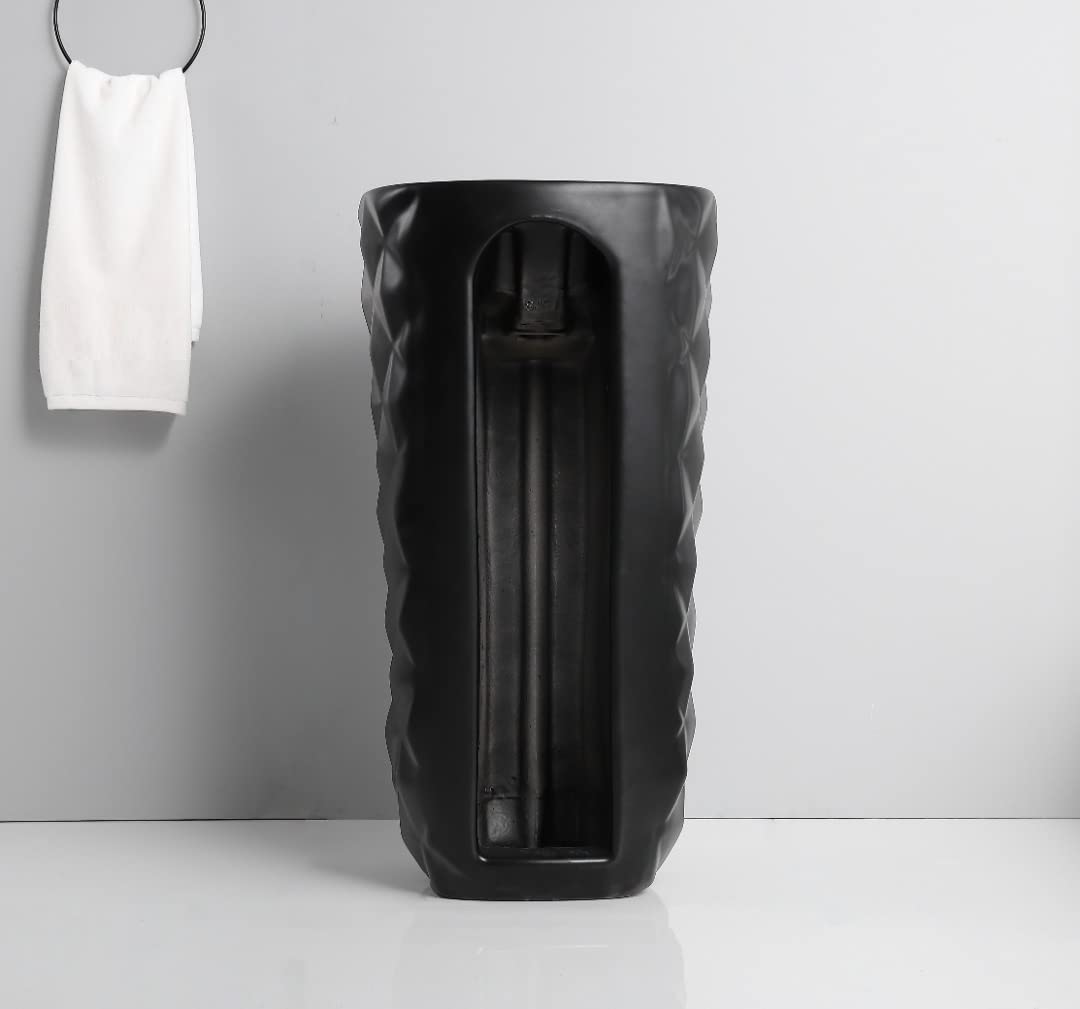 Modern wash basin for living room, matte black square ceramic pedestal basin, side angle for hall area