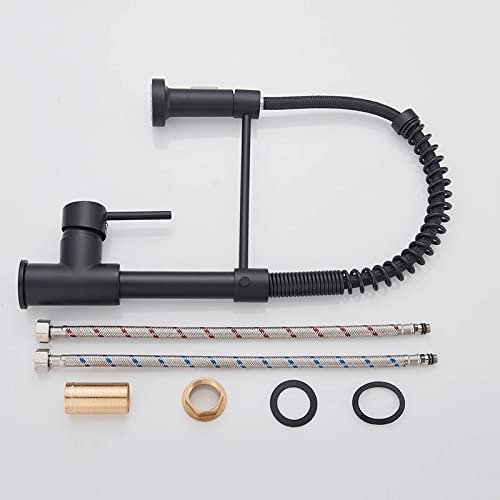 Kitchen bridge faucet with pull down sprayer in matte black, installed look over stainless steel sink
