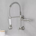 Wall mounted tap for kitchen sink with brass body and chrome finish, handle and spout detail