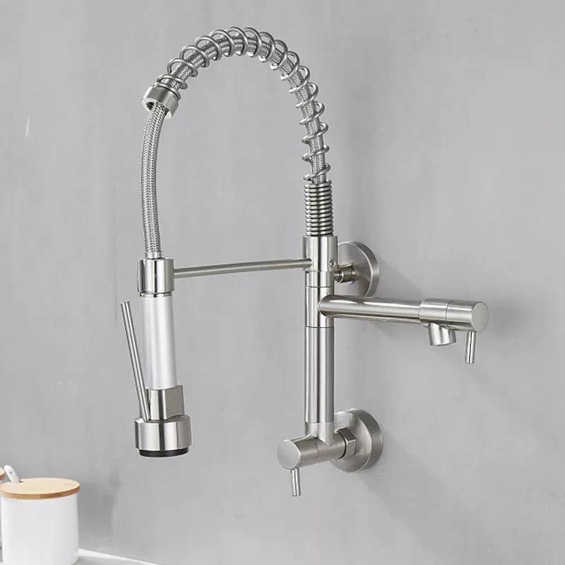 Wall mounted tap for kitchen sink with brass body and chrome finish, handle and spout detail