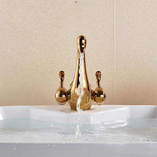 InArt brass basin tap with single hole basin mixer body, gold swan neck spout close-up detail