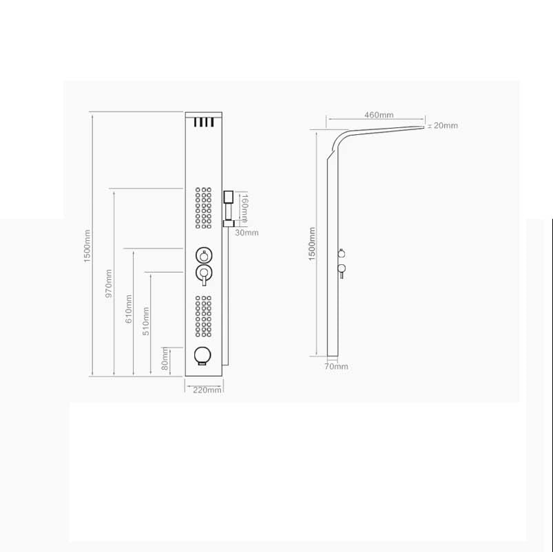Glass shelf mirror on matte black shower panel, wall mounted shower tower black for contemporary washroom