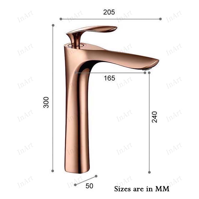 Rose gold tapware installed on table top wash basin, modern bathroom interior look with long pillar tap