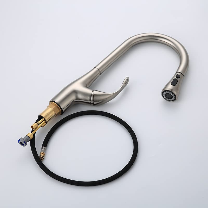 Tap with spray showing pull-down hose and single lever handle, stainless steel brushed chrome