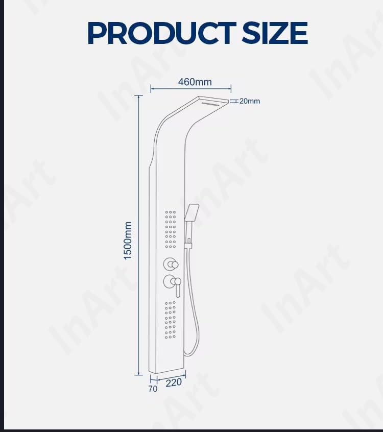 InArt bathroom shower panel set with tub spout and handheld shower, stainless steel rectangular panel close-up