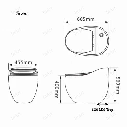Side view showing oval ceramic one piece toilet commode with compact floor mount profile