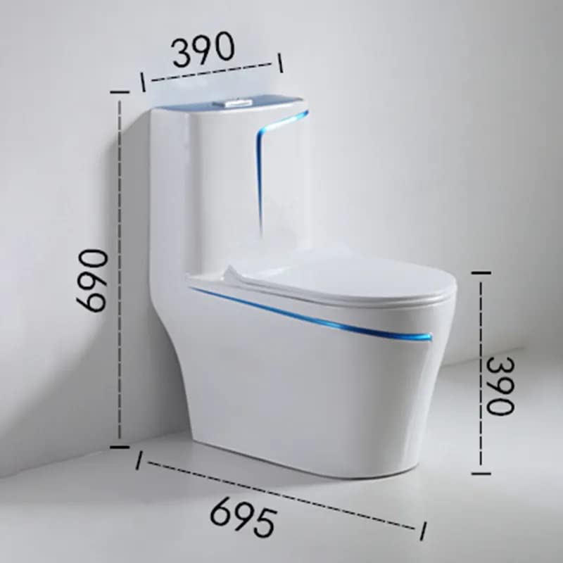 InArt single piece commode in glossy blue white ceramic, rimless one piece western toilet front view