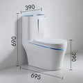 Single piece closet blue white glossy one piece western toilet, angled view with elongated rectangular bowl