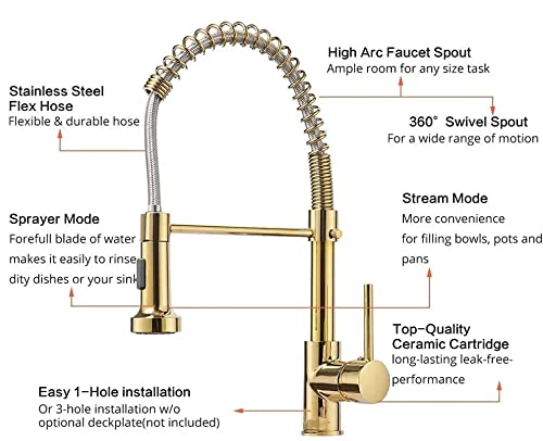 InArt kitchen tap with pull out spray, single handle hot and cold water mixer tap in gold