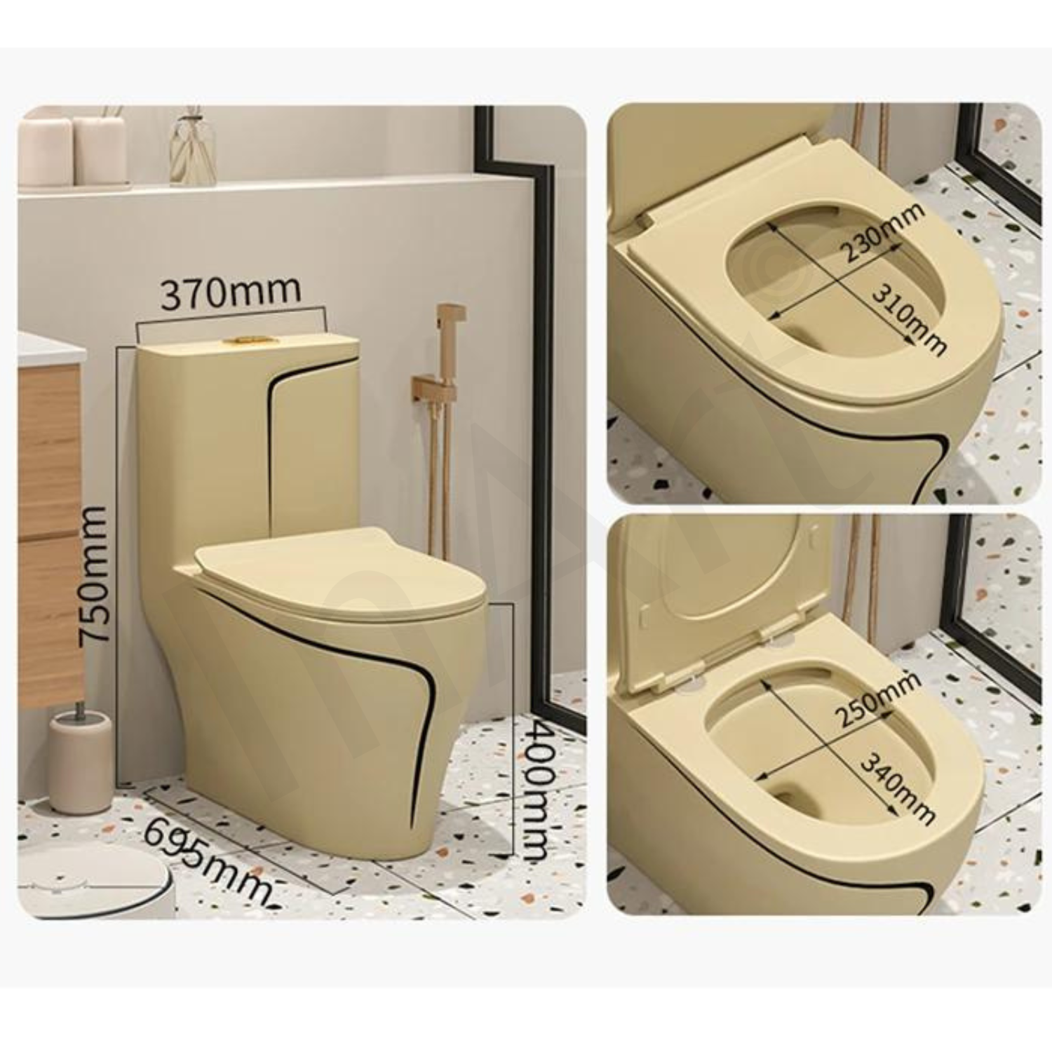 InArt Glossy Khaki Ceramic European Water Closet | Oval Floor Mounted Western Toilet EWC S Trap | 69x39x74 cm | Soft Close Hydraulic Seat and Dual Flush Tank - InArt-Studio