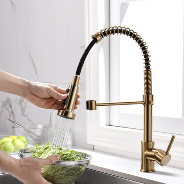 InArt Single Lever Kitchen Sink Mixer 360° Pull-Down Sprayer Kitchen Faucet with Multi-Function Spray Head, Brushed Gold KSF025 - InArt-Studio