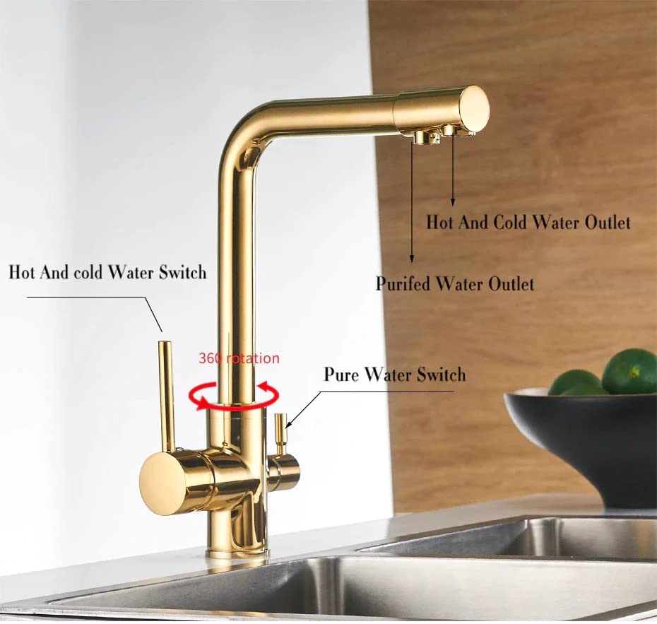 InArt brass kitchen sink pull out faucet in gold finish with single lever mixer and RO drinking water tap