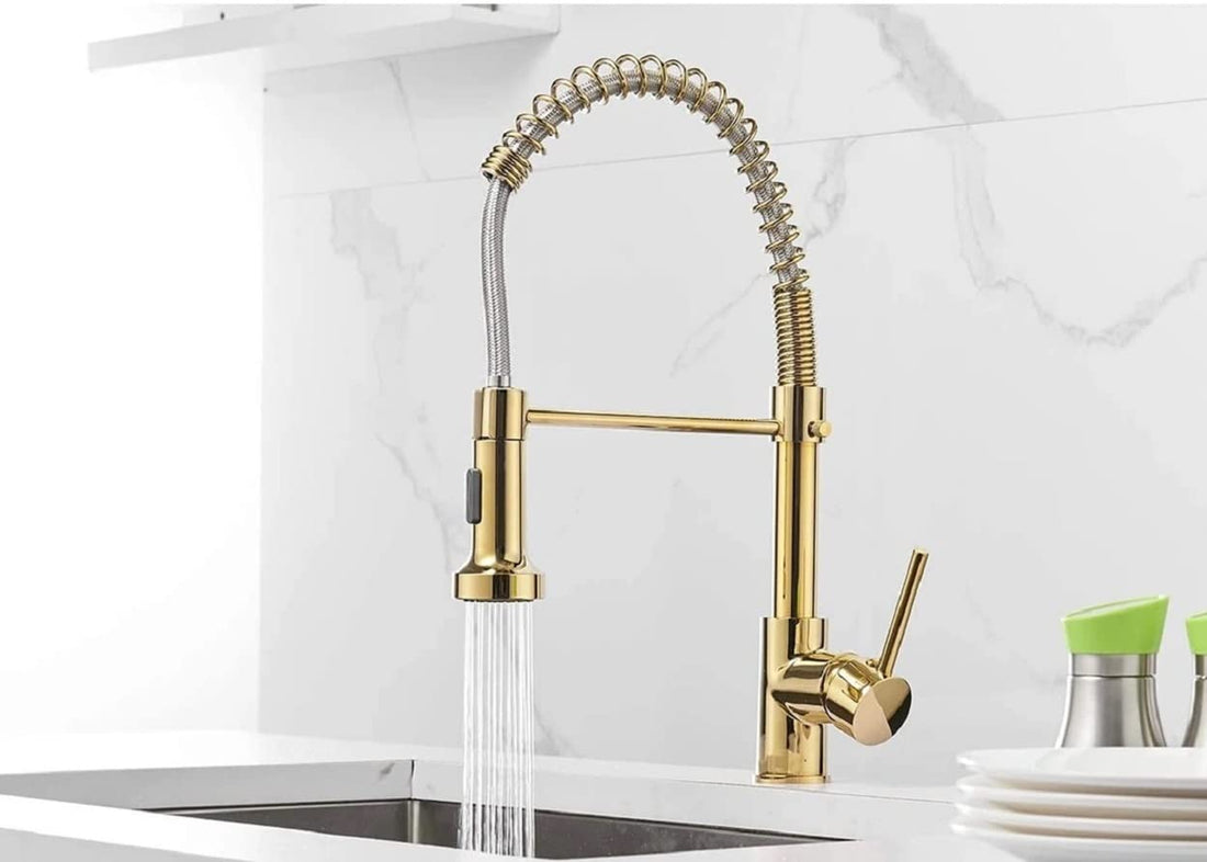 InArt kitchen faucet with sprayer, brass high arc spring pull out sink tap in gold finish