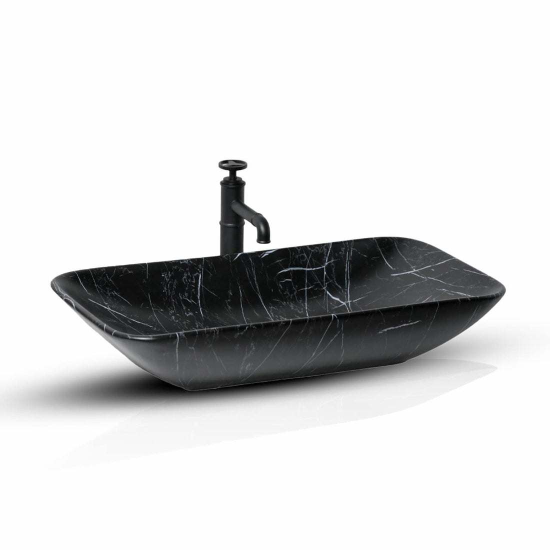 InArt ceramic table top wash basin, rectangular black marble finish, main front view for bathroom