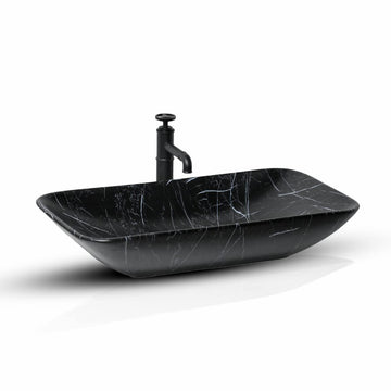 InArt ceramic table top wash basin, rectangular black marble finish, main front view for bathroom