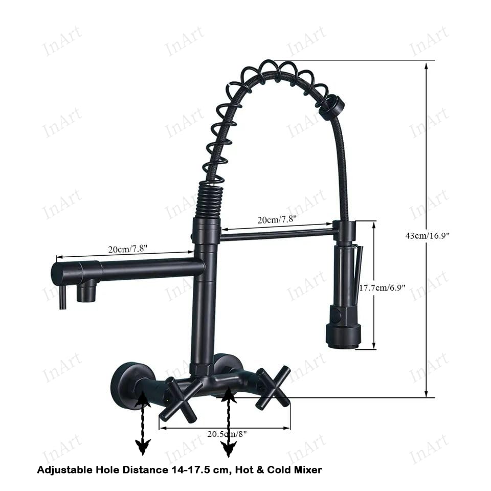 InArt wall mounted tap for kitchen sink in black, detail view of brass body, wall flange and mixer handle