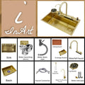 InArt multifunction kitchen sink with waterfall tap, glass rinser and pull out tap, brushed gold nano steel