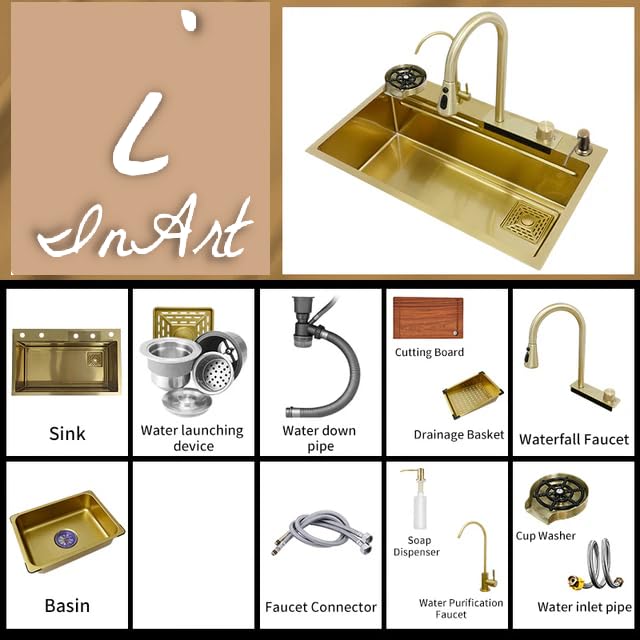 InArt multifunction kitchen sink with waterfall tap, glass rinser and pull out tap, brushed gold nano steel