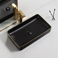 InArt table top wash basin design side angle, rectangular ceramic basin with matte black finish and gold rim