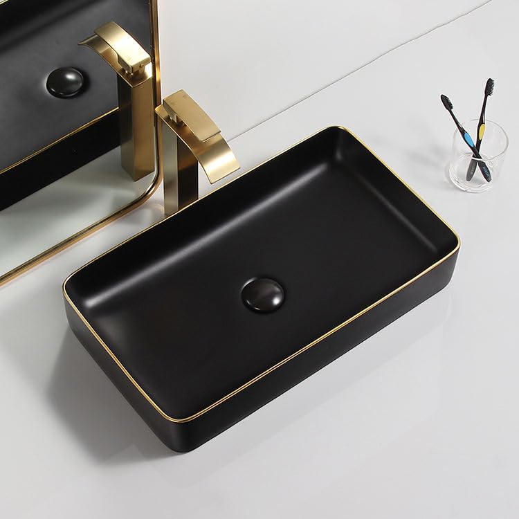 InArt table top wash basin design side angle, rectangular ceramic basin with matte black finish and gold rim