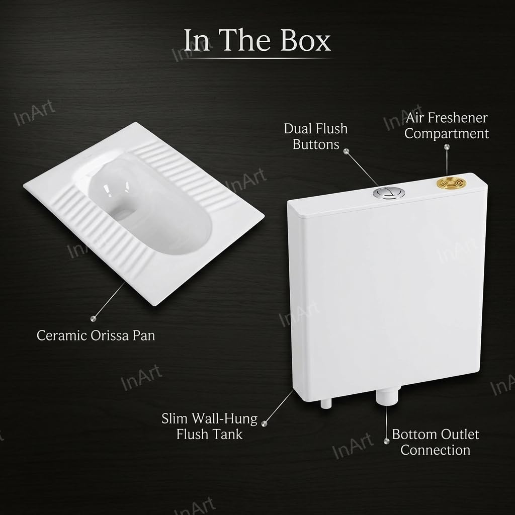 Standard 20 inch white ceramic Orissa pan with PVC slim flush tank, premium sanitaryware combo for washroom