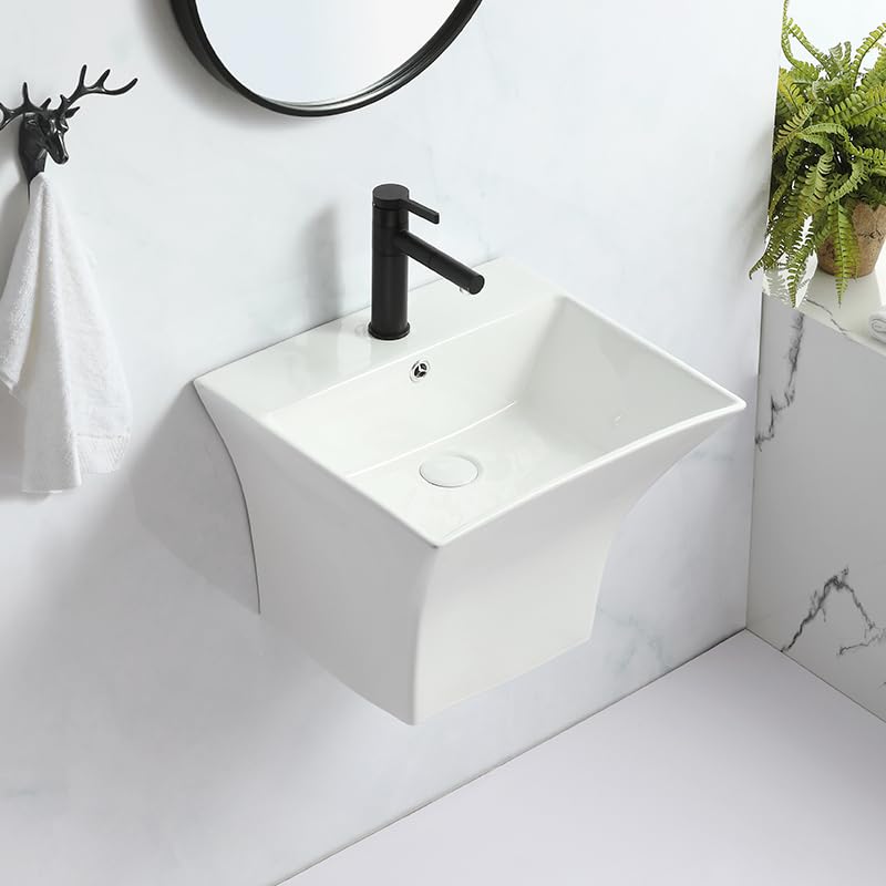 Designer rectangular ceramic wash basin wall hanging, slim rim glossy white, three-quarter view for washroom