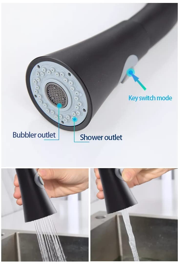 Sprayer for sink faucet with pull-down hose, matte black brass kitchen tap installed on sink lifestyle shot