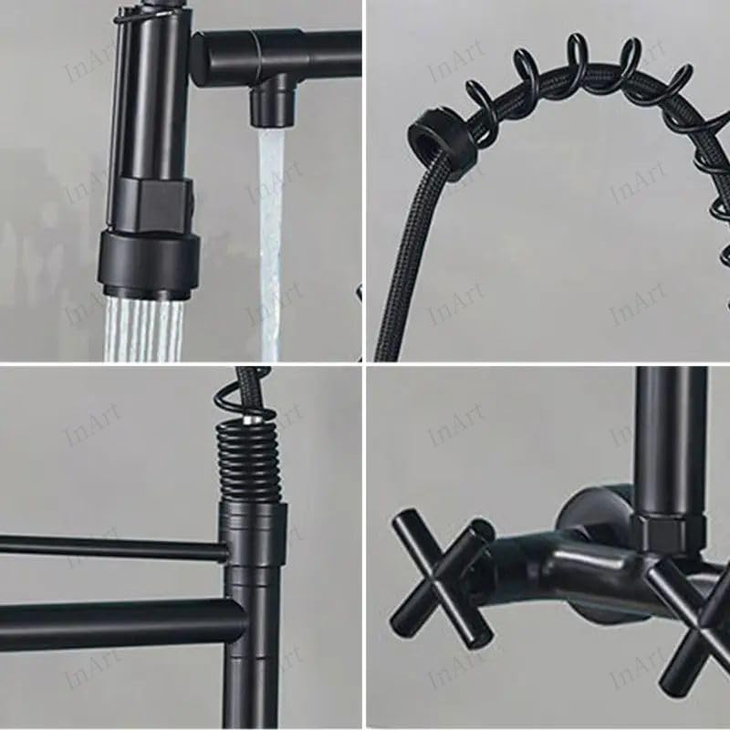 Kitchen sink with wall mount faucet in matte black, pull-out spray tap for easy rinsing and utensil cleaning