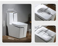 InArt modern one piece western toilet commode, glossy black and white ceramic, 3/4 angle view for bathroom