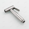 Heavy duty health faucet gun only, side angle view of handheld stainless steel jet spray gun in brushed finish